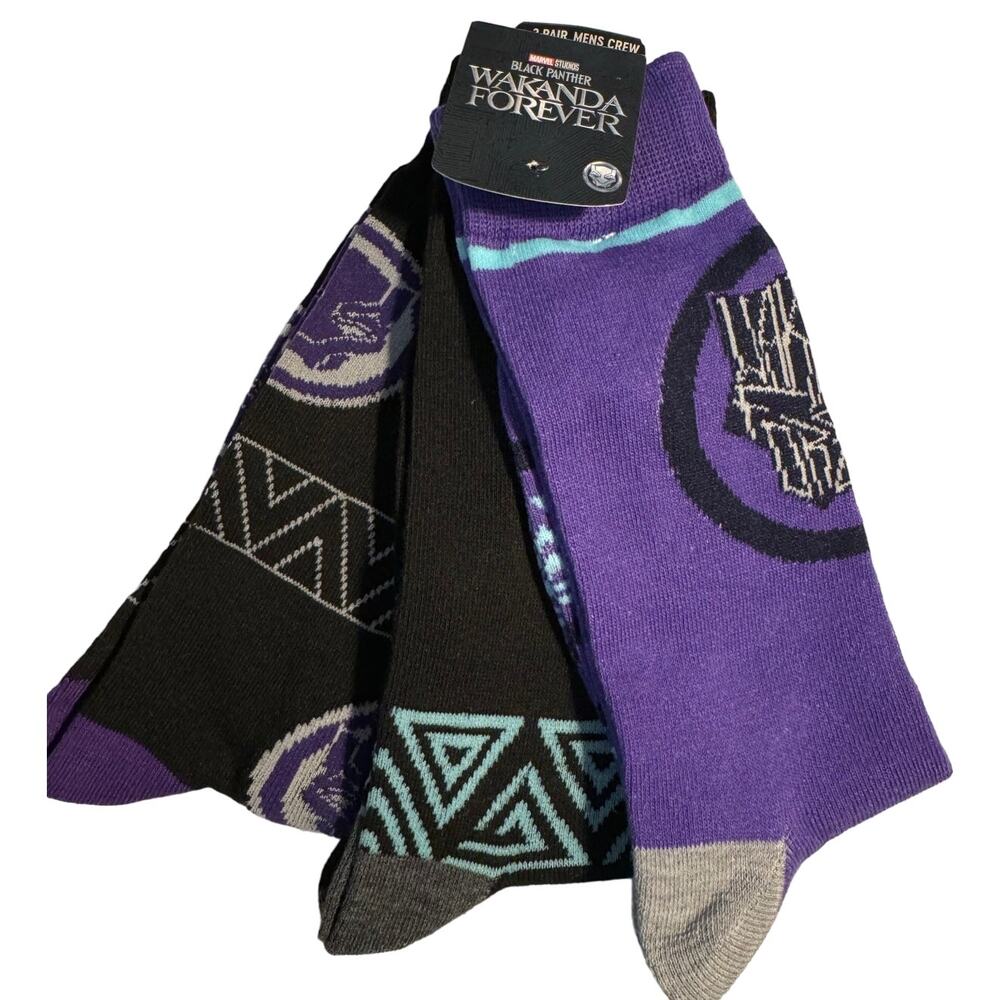 WAKANDA FOREVER 3 Pair of Crew Socks Purple Black Fits Shoe Size 8 - 12